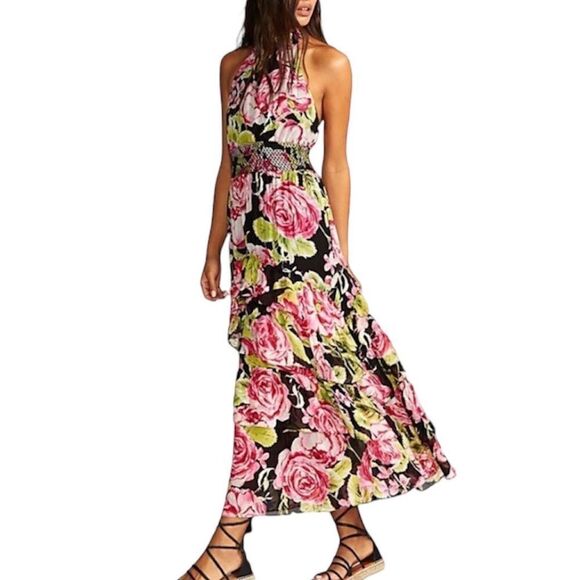 Free People Black Floral In Full Bloom Flowy Maxi Dress New Size XS - Picture 1 of 15